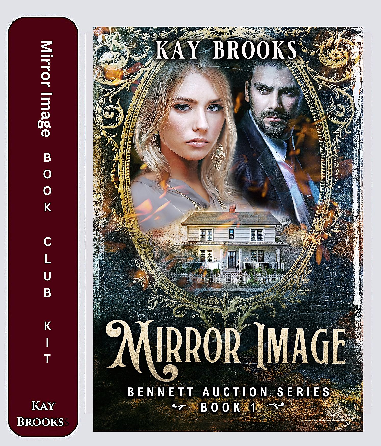 Book Club Kit for Mirror Image by Kay Brooks, featuring the stunning cover art of the Bennett Auction Series Book One — a paranormal romantic suspense thriller available for book clubs and reading groups