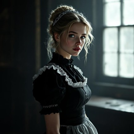 Isabella, haunting Victorian ghost character in a black maid's uniform with white lace trim, from Mirror Image by Kay Brooks — a paranormal romantic suspense thriller and Book One of the Bennett Auction Series