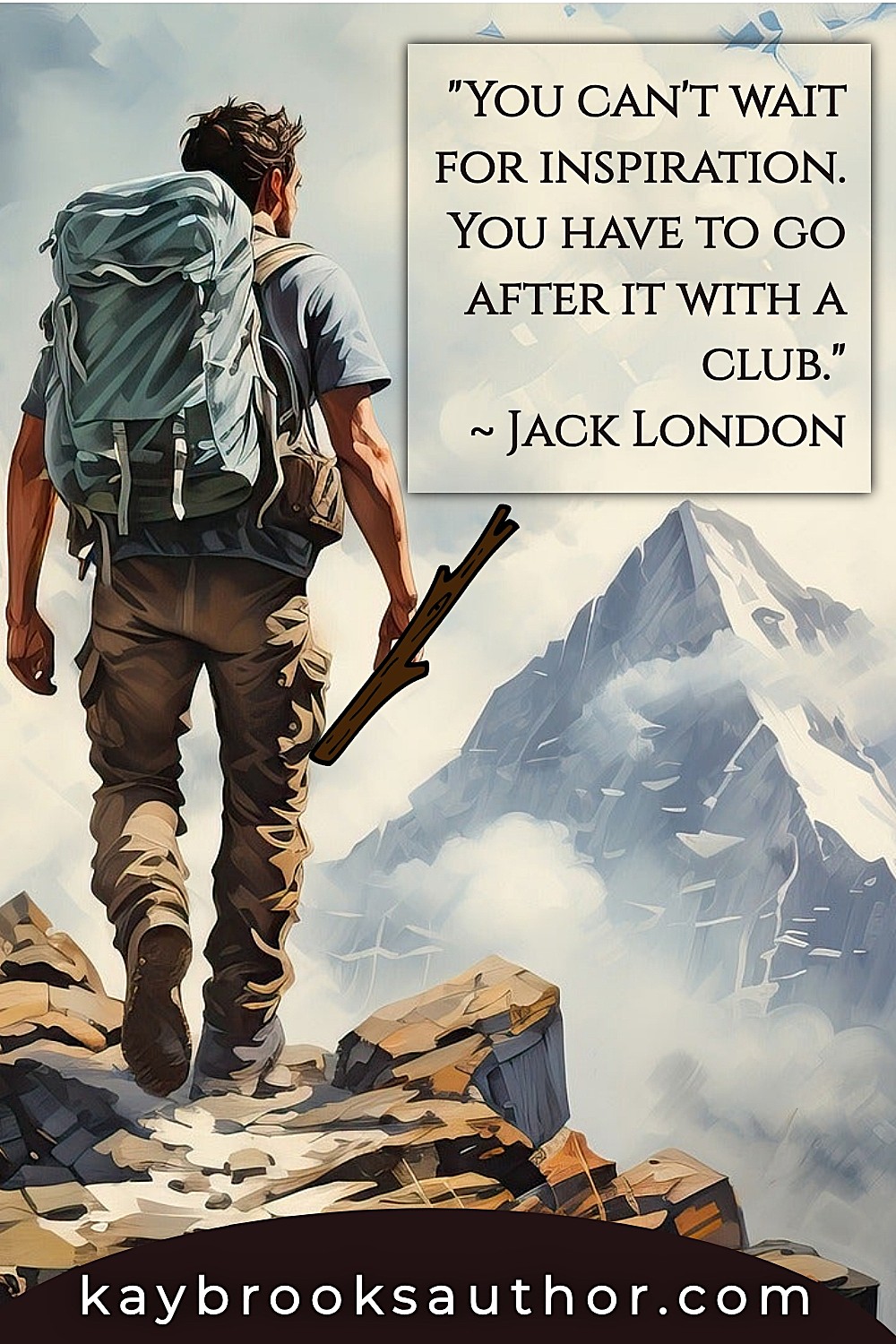Motivational quote for personal growth of a hiker with walking stick standing on rocky mountain peak before majestic snow-capped summit, with Jack London quote about pursuing inspiration with fierce determination.