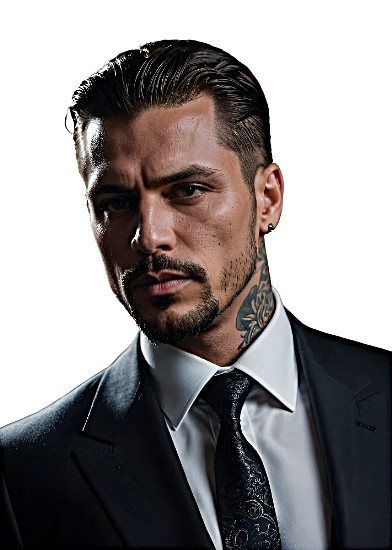 TJ Bennett, dark and intense male protagonist wearing a tailored suit with neck tattoo, from Mirror Image by Kay Brooks — a paranormal romantic suspense thriller and Book One of the Bennett Auction Series